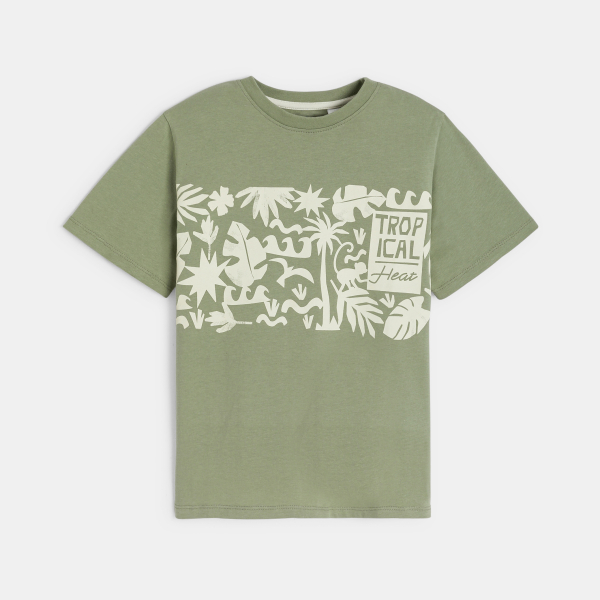 تيشيرت بأكمام قصيرة مطبوع، باللون الكاكي للأولاد